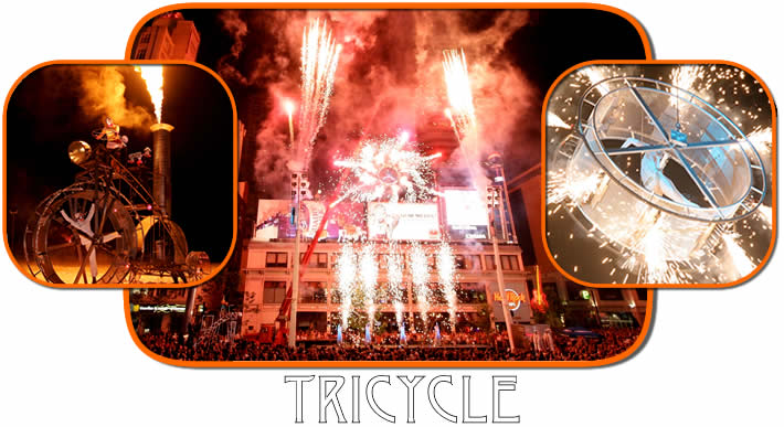 tricycle outdoor street spectacle show with pyrotechnics and flame